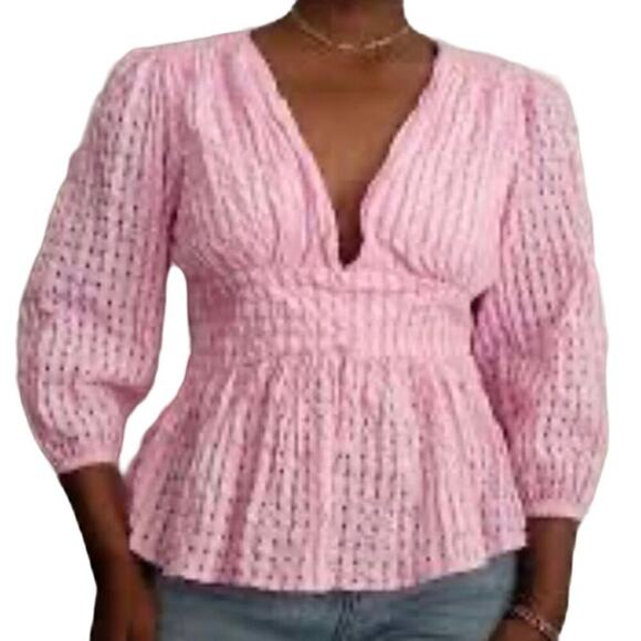 PAPER HEARTS Pink Peplum Puff Sleeve Deep V-Neck Babydoll Top Shirt Blouse Sz 6 - Picture 1 of 5